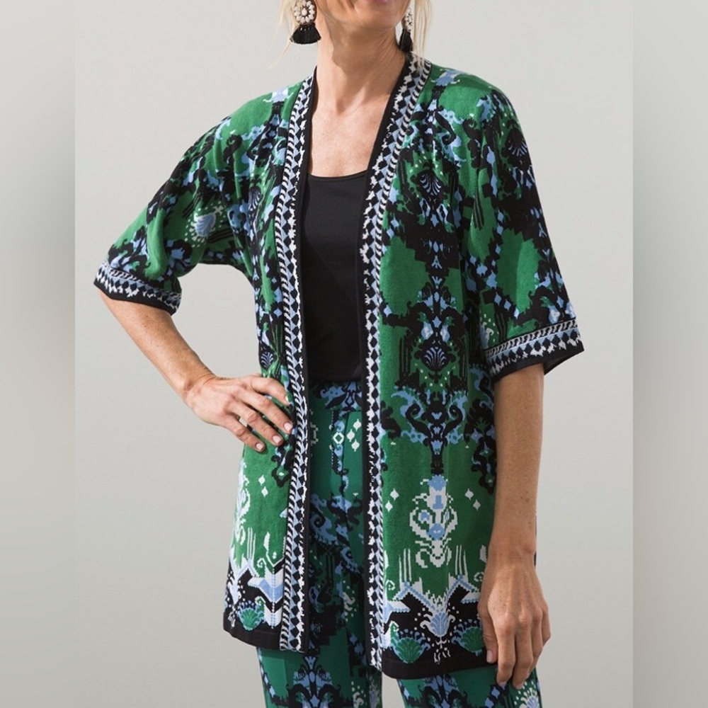Chico’s Open Front Ikat Jacquard Kimono Cardigan Black and Green Size L Boho